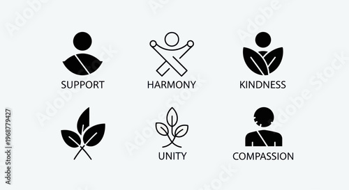 Abstract icons representing concepts: support, harmony, kindness, unity, compassion