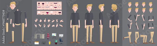Modern Male Character Construction Kit for Animation Flat Vector Office Worker with Poses, Expressions, and Props