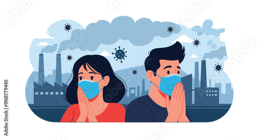 Man and woman wearing medical masks looking worried with industrial pollution smoke and virus particles in the background.
