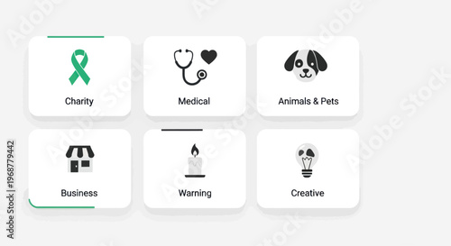 Vector Icons Set: Charity, Medical, Animals, Business, Warning, Creative Concepts