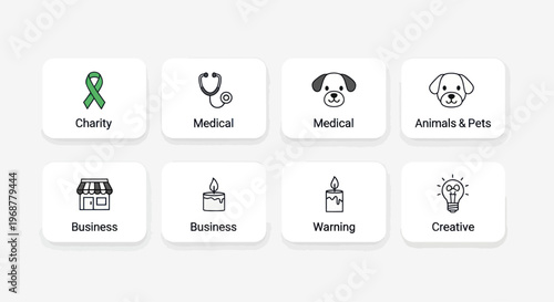 Vector Icons Set: Charity, Medical, Business, Pets, Creative Ideas, Candles, Warning