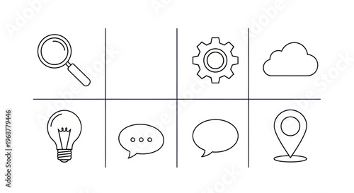 Business Icons: Search, Settings, Cloud, Idea, Chat, Location