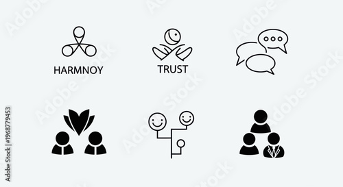 Abstract icons representing harmony, trust, communication, teamwork, and relationships