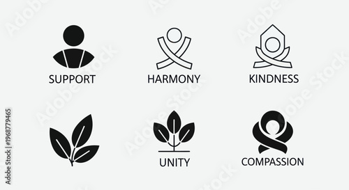 Abstract Icons Representing Support, Harmony, Kindness, Unity, Compassion, Nature