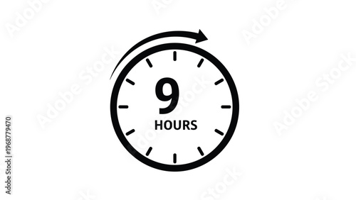 Simple clock icon showing a circular arrow moving clockwise with the text nine hours in the center of the frame.