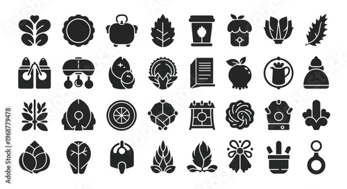 Vector Icons Set: Food, Drinks, Plants, and Cooking Symbols