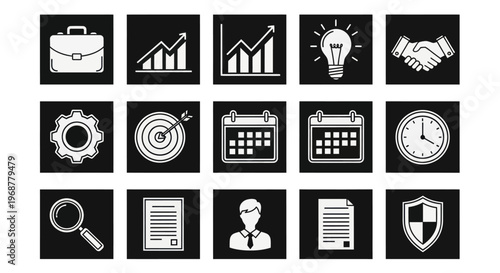 Business Icons Set: Briefcase, Growth Charts, Lightbulb, Handshake, Gear, Target, Calendar, Clock, Magnifying Glass, Document, Man, Shield