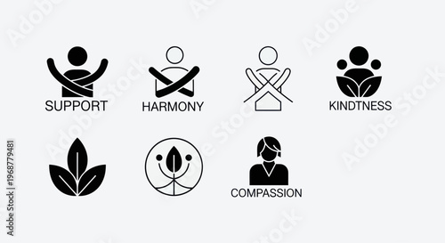 Abstract Icons Representing Support, Harmony, Kindness, Compassion, and Nature