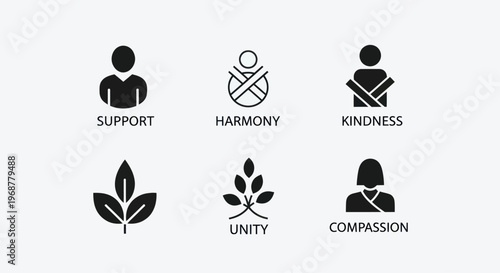 Abstract Icons Representing Support, Harmony, Kindness, Unity, Compassion