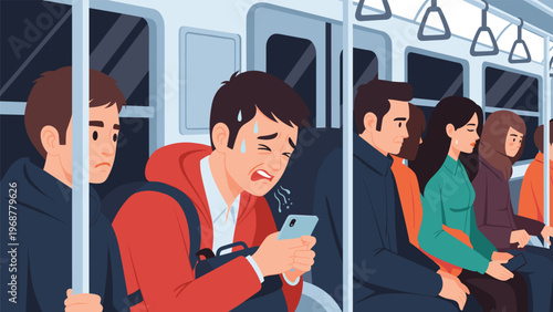 Illustration of a crowded commuter train where passengers look uncomfortable as a man in a red hoodie coughs into his smartphone.