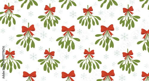 Christmas seamless pattern with green mistletoe bunches tied with red bows and blue snowflakes on a white background.