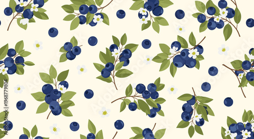 Refreshing seamless pattern with clusters of blueberries green leaves and tiny white flowers on a creamy background.
