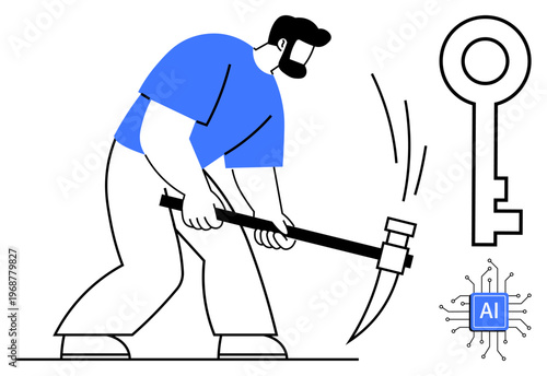 Data security, artificial intelligence, cybersecurity, access control, identity protection, hacking prevention. Person breaking key with pickaxe, AI circuit nearby. Data security and cybersecurity