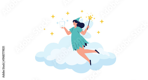 Tooth fairy character flying on a fluffy cloud holding a tooth and a magic wand surrounded by stars on white background.