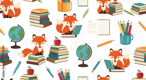 Educational seamless pattern with smart foxes sitting on books with school supplies globes and apples for kids.