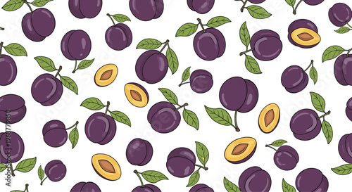 Fruit seamless pattern featuring whole and halved purple plums with green leaves on a clean white background.