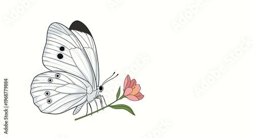 Hand drawn illustration of a white butterfly with black spots resting on a delicate pink flower isolated on white background.