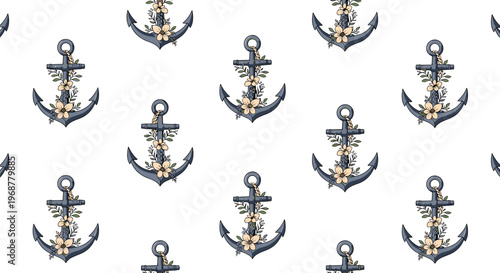Nautical seamless pattern with steel anchors decorated with delicate wild flowers and leaves on a white background.