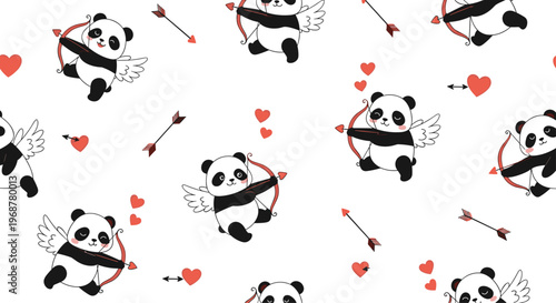 Adorable seamless pattern with cupid pandas holding bows and arrows surrounded by hearts for Valentine's day theme.