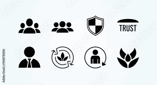 Business Icons: Teamwork, Trust, Security, Growth, Sustainability, People
