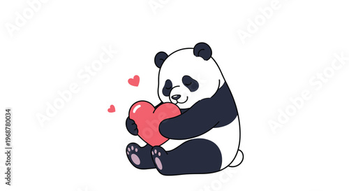 Cute panda bear sitting and hugging a large red heart with small hearts floating in the air, representing love and affection.
