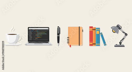 Coding Workspace Setup: Laptop, Coffee, Books, Lamp, Notebook