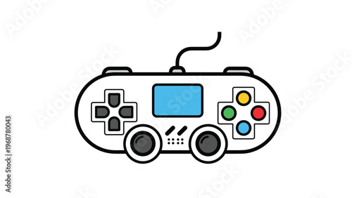 Colorful illustration of a classic gaming controller or gamepad with a blue screen, analog sticks, and buttons.