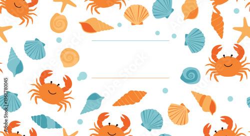 Beach themed seamless pattern with cute orange crabs colorful sea shells and starfishes on a white background for summer.