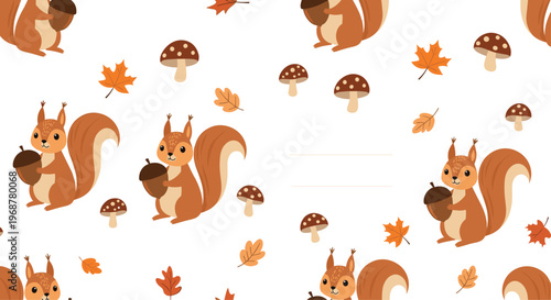 Seamless pattern showing adorable brown squirrels holding acorns among colorful autumn leaves and small spotted mushrooms.
