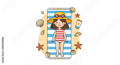 Young girl wearing a large sun hat and striped swimsuit relaxing on a blue striped beach towel surrounded by sea shells and starfish.
