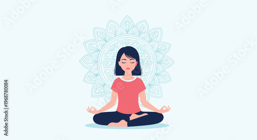 Peaceful woman sitting in a lotus meditation pose with a large intricate mandala design in the background on a light blue field.