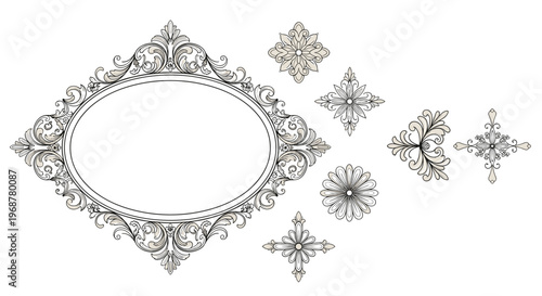 Set of ornate vintage frames and decorative corner ornaments in a classic antique style for wedding and formal designs.