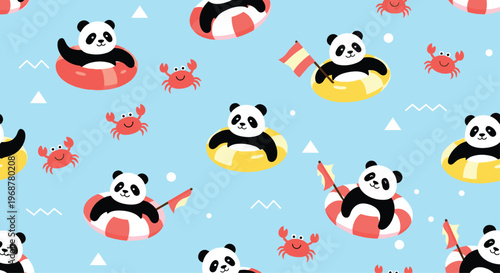 Fun seamless pattern of cute panda bears floating in lifebuoys in the ocean with little red crabs and geometric shapes.
