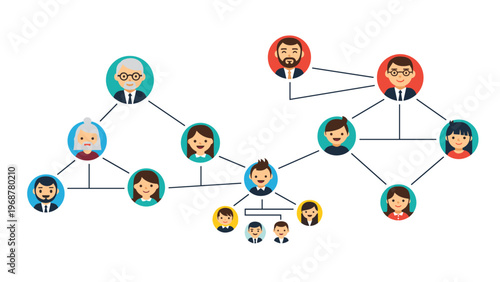 Social network or organizational chart showing connected avatars of diverse people representing a community or corporate team.