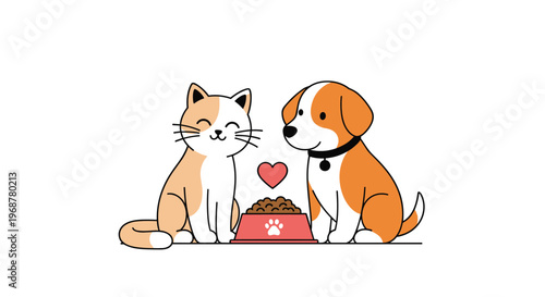 Friendly cat and dog sitting side by side with a red heart floating above a pink bowl filled with pet food.