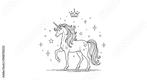 Elegant line art drawing of a majestic unicorn surrounded by sparkling stars and a crown floating above its head.