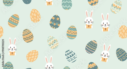 Seamless festive pattern of cute white bunnies wearing bow ties and various colorful decorated Easter eggs on a light green background.