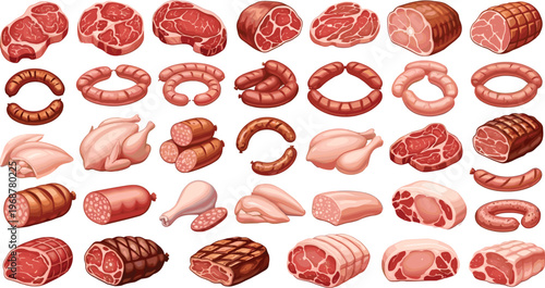 Assorted Meat Cuts Including Sausages, Steaks, Chicken, and Roasts for Delicious Dishes