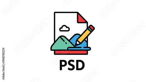 Colorful icon representing a PSD file format showing a document with mountains and a sun being edited by a yellow pencil tool.