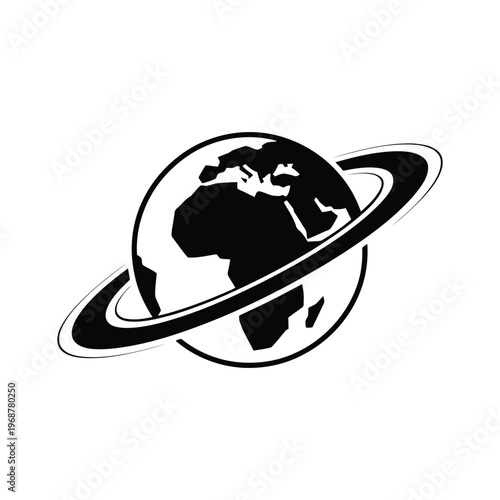 Black and white globe with saturn-like ring orbiting around it earth planet