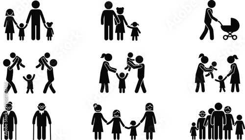 Family stick figure icons set featuring parents, children, grandparents, baby strollers, diverse silhouettes, happy people together, and multigenerational household vector symbols.
