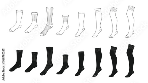 Collection of various sock length templates shown in both outline and solid black versions for apparel design mockups.
