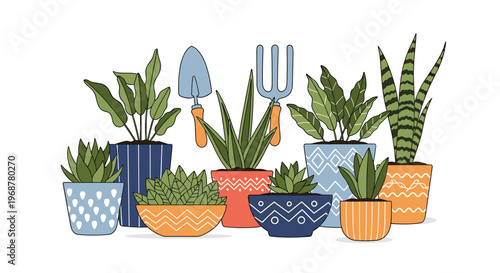 Diverse collection of indoor houseplants in colorful patterned pots along with a hand trowel and a garden fork.