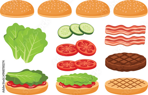Burger Ingredients Set with Buns, Lettuce, Tomato, Bacon, Cucumber, and Patty for Fast Food Illustration, Cooking Design, and Meal Preparation Collection