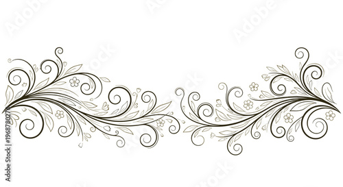 Ornate symmetrical border design featuring elegant floral swirls, leaves, and small flowers in a dark brown color.
