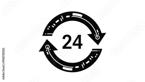 Black circular arrows icon with the number twenty four in the center representing around the clock service and support.