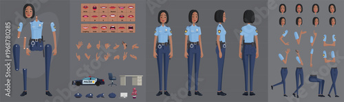Black Female Police Officer Character Sheet for Animation Vector Law Enforcement Woman with Expressions, Poses, Mouth Shapes, and Props
