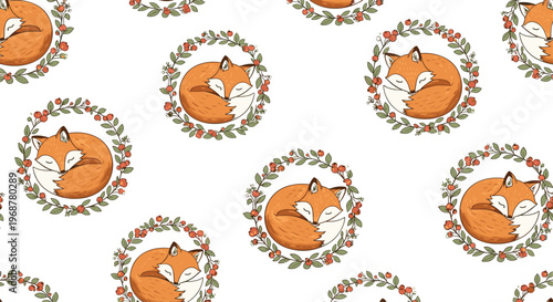 Beautiful seamless pattern of cute orange foxes sleeping peacefully inside circular wreaths of green leaves and red berries.