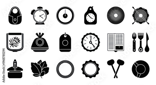 Collection of black icons representing time, objects, and music