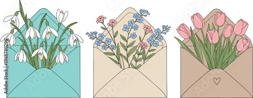 Foto Vector Set of Floral Envelopes with Snowdrops, Forget-Me-Nots, and Tulips, Sprin